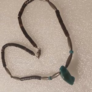 Vintage Natural brown stone & turquoise with silver beaded necklace.